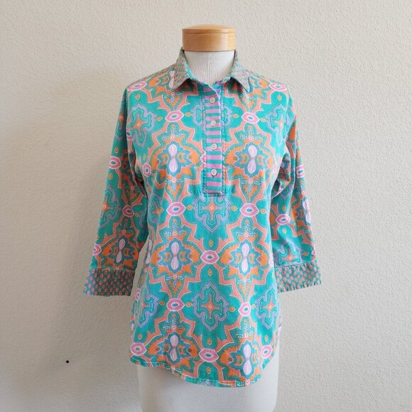 Gretchen Scott Bright Mixed Print Partial Button Front 3/4 Sleeve Popover Top L - Picture 2 of 9